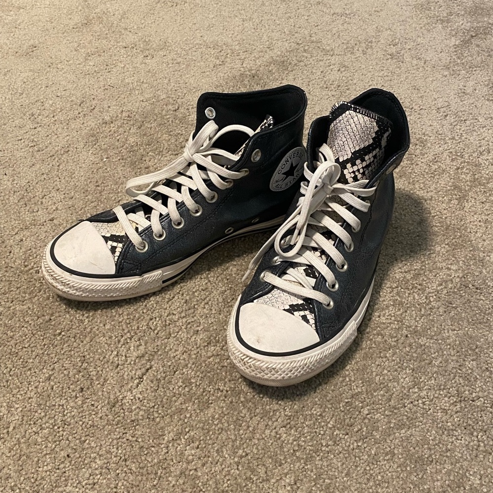 Metallic Black Leather High-Top Converse with Snakeskin Details